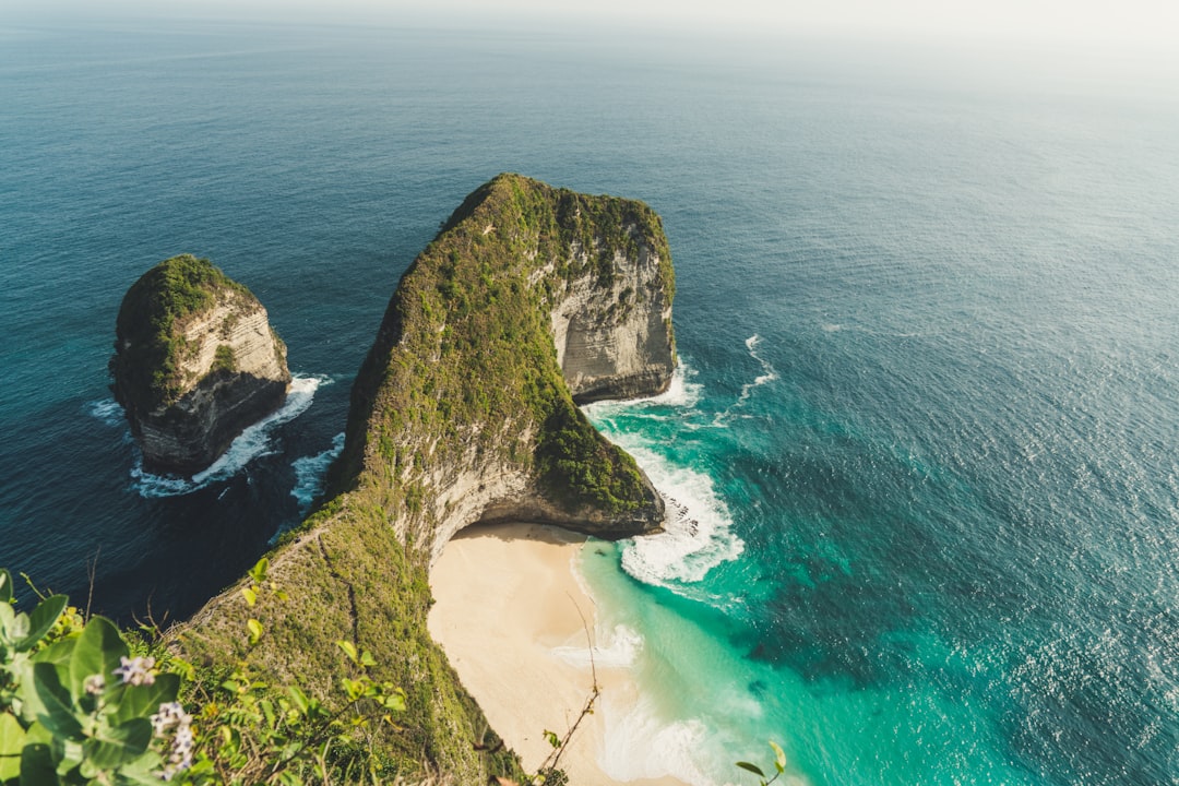 The dramatic dinosaur-shaped cliff and hidden white sand beach at Kelingking, Nusa Penida, Bali, with vivid turquoise ocean water below