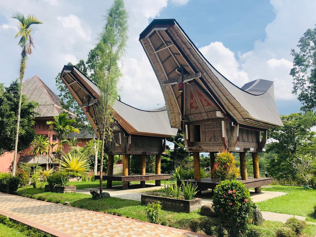 Traditional Indonesian wooden houses with sweeping curved saddle roofs on stilts, surrounded by tropical greenery