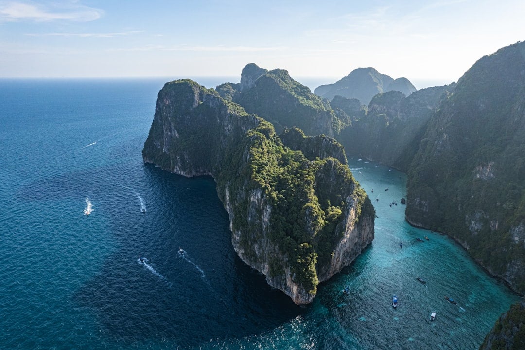 Aerial view of Koh Phi Phi Leh with its dramatic limestone karst cliffs rising from the Andaman Sea