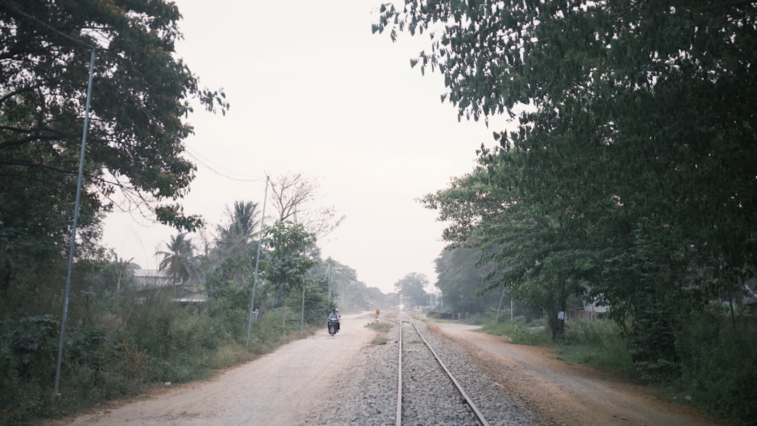 Narrow-gauge railway tracks running through rural Cambodian countryside lined with trees